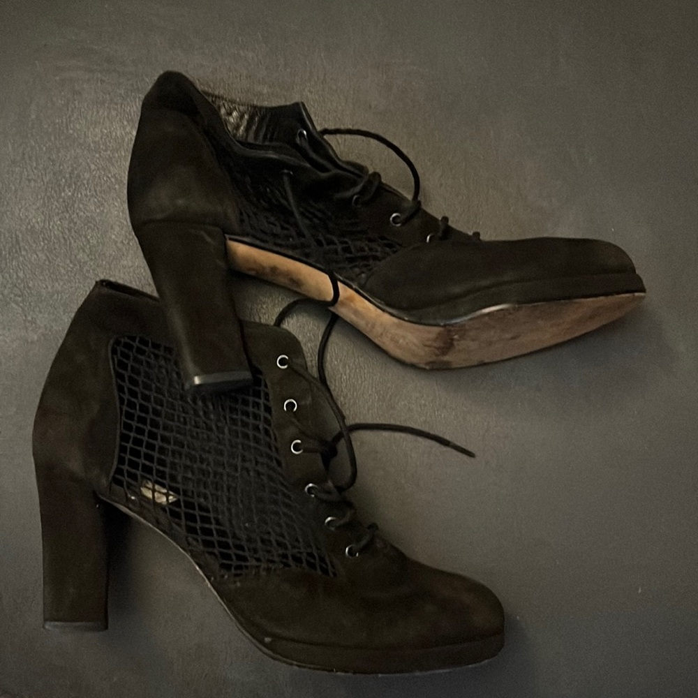 Charles Jourdan Black Suede Heeled Mesh Booties SZ 7